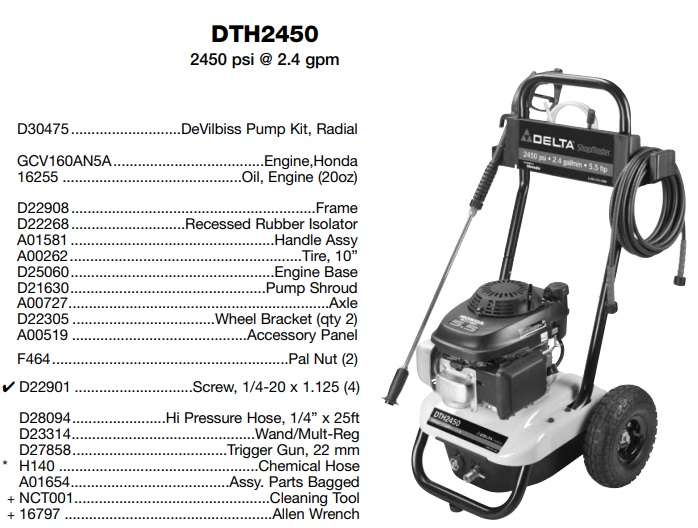 DELTA DTH2450 power washer repair parts